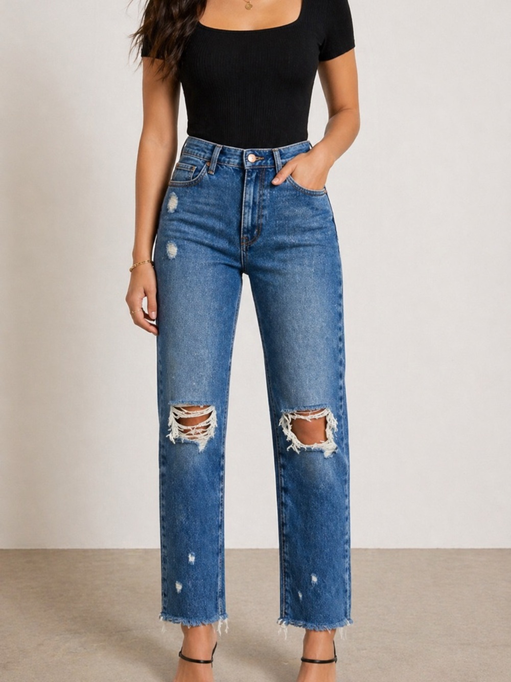 Zara Z1975 Medium Wash Straight Leg Jeans Size 4 Distressed Raw Hem Leopard Deta